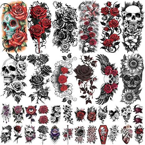 77 Sheets Flowers Skeleton Skull Temporary Tattoo for Women Men, 17 Half Arm Dark Gothic Punk Rocker Butterfly Fake Tattoos, 60 Scary Halloween Cosplay Tiny Adult Kid Body Tattoos Stickers Realistic - skull sticker