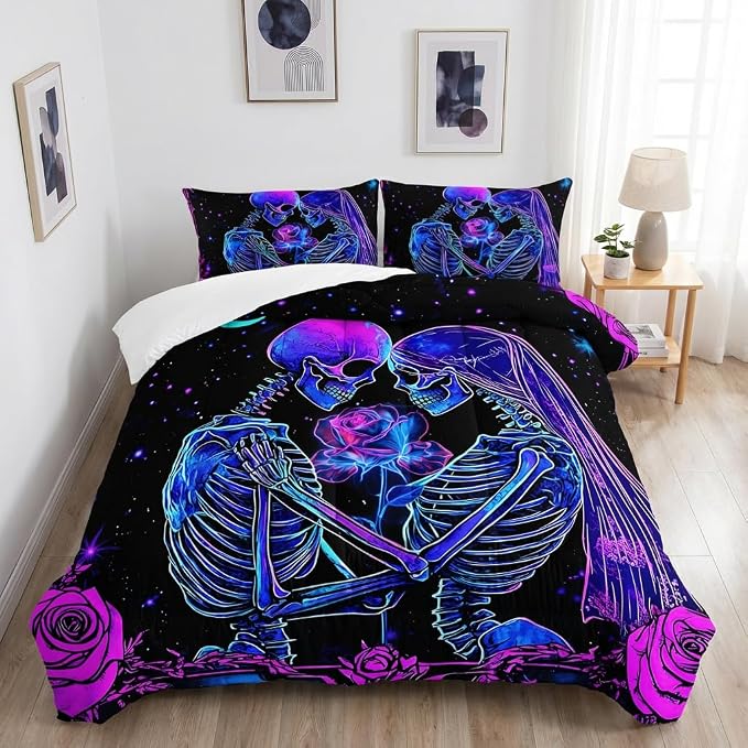 AILONEN Skull Comforter Set Queen Size, Gothic Neon Bedding Set for Lover Couple Bridal,Human Skeleton Couple Print Duvet Set for Bedroom Decor,1 Quilt + 2 Pillowcases,3-Pieces - skull bedding