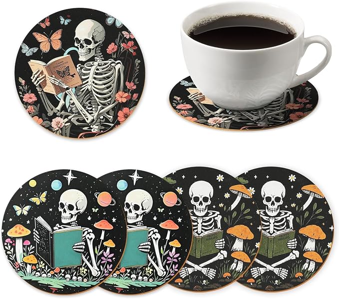 Book Club Gifts for Book Lovers,6 Pcs Book Theme Wooden Coaster - skull coaster