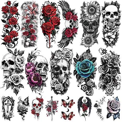 77 Sheets Skull Flower Realistic Temporary Tattoos For Women Men Adult, Large Rose Bones & Flowers Floral Fake Tattoos Girl, Skeleton and Spooky Halloween Temp Tatoo Sticker Thigh Back Leg Body Art - skull sticker