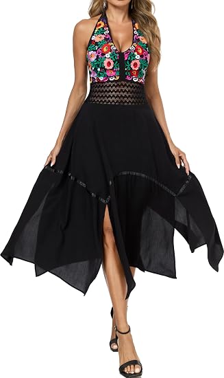 Women's Mexican Dress Flowy Dresses Embroidered Halter Off Shoulder Sexy Maxi Cocktail Dresses - sugar skull dress