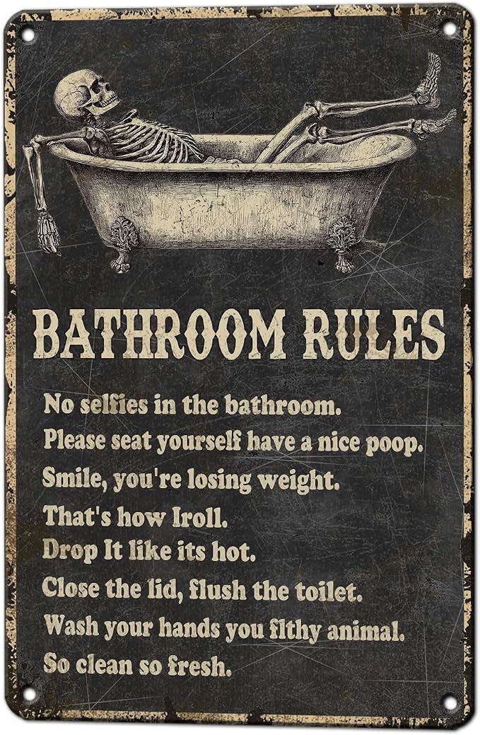 Funny Skull Bathroom Rules Metal Tin Sign Wall Decor – Vintage Bathroom Quote Tin Sign for Toilet Restroom Washroom Home Decor 12×8 Inch