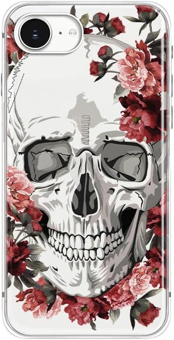FancyCase Compatible with iPhone 17e Case/iPhone 16e Case (6.1inch)-Cool Skull Design with Retro Roses Pattern Flexible TPU Protective Clear Case (Skull Roses) - Skull phone case