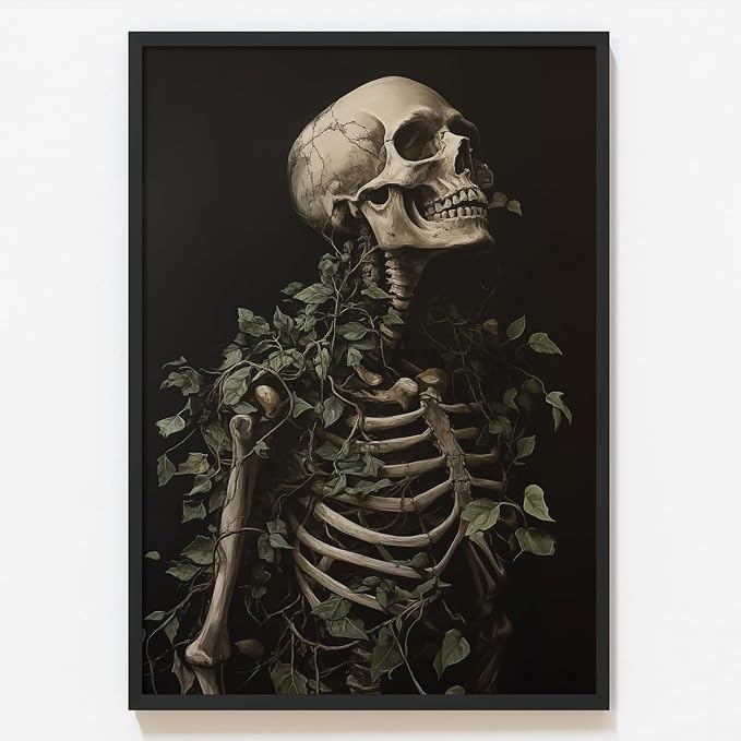 Human Skeleton Wall Art Vintage Skull Painting Dark Academia Prints Moody Botanical Canvas Dark Gothic Paintings Botanical Skull Wall Art Gothic skeleton Decor Picture for Living Room 16x24in Frameless