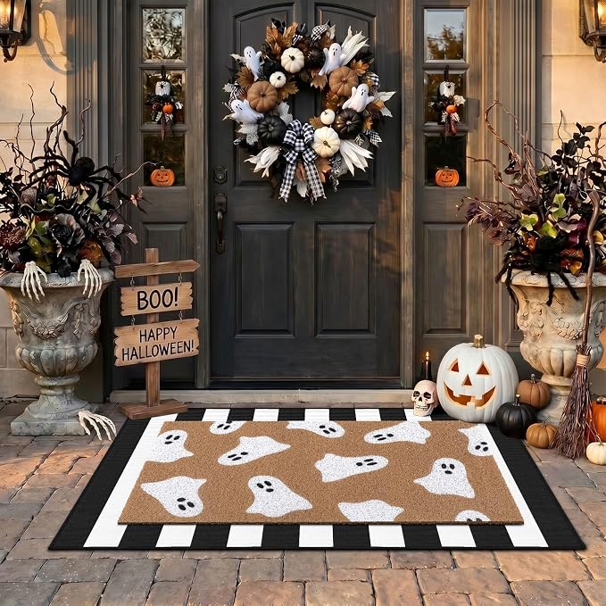 2 Pcs Halloween Door Mat Ghost Outdoor Welcome Mats for Front Door