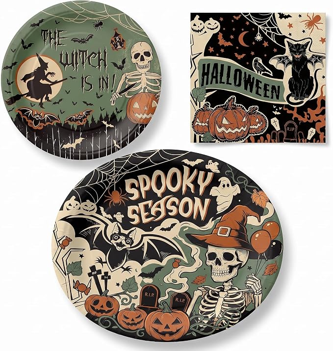 Dereinwo 100 Pcs Halloween Paper Plates and Napkins Set - skull plate
