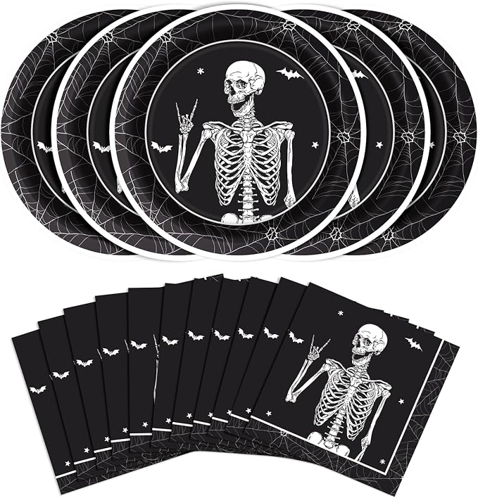 50 Pcs Halloween Paper Plates and Napkins Set - skull plate