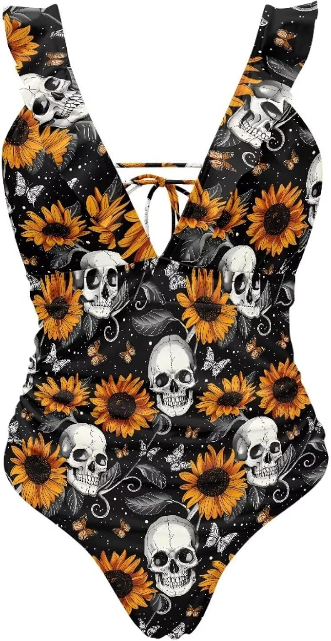 Womens One Piece Swimsuits Tummy Control Ruffle Tie Back Bathing Suit High Waisted Tie Back Swimwear Size XS-2XL