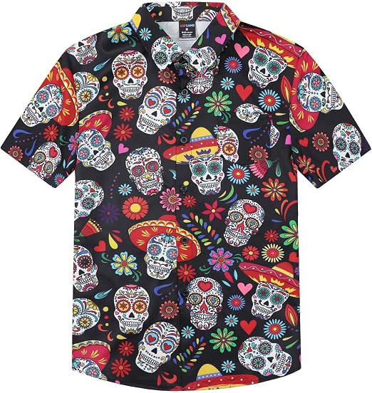 COSLAND Boys' Short Sleeve Button Down Shirts, Kids Novelty Top, X-Small-Large - skull tshirt