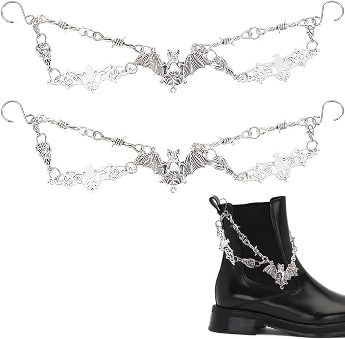 2Pcs Silver Shoe Chains Metal Chain Shoe Goth Bat Skull Halloween Punk Antique Silver Vintage Hanging Alloy S Hook Lobster Clasp Straps Accessories for Boots Sneakers Shoes DIY Decoration - sugar skull boots