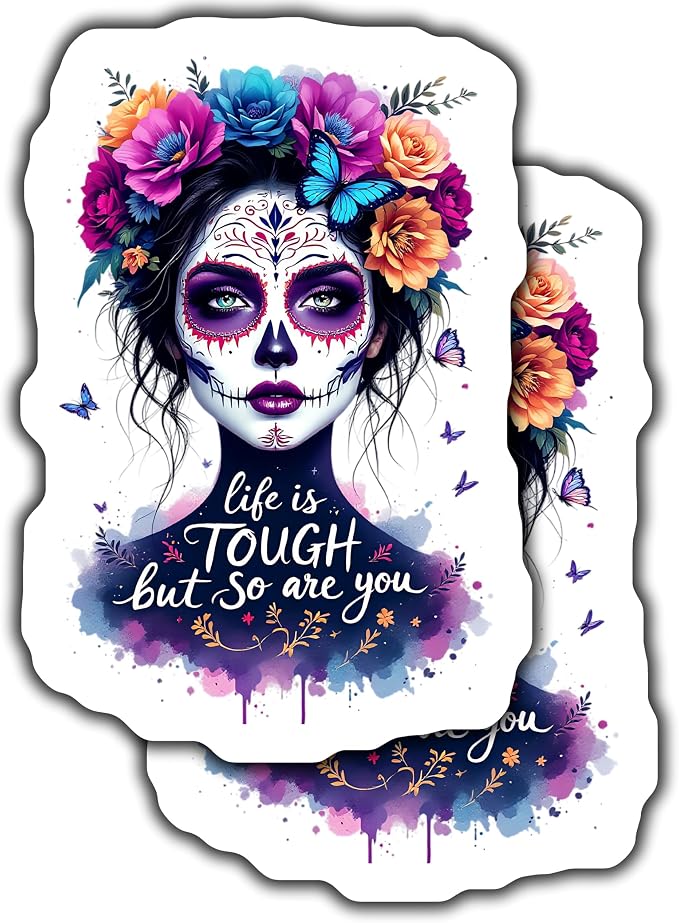 2-Pack 5-Inch Day of The Dead Stickers - Sugar Skull Decals - Inspirational Quote Stickers - Floral and Butterfly Decals - 2 Pack - Mexican Tradition - - CCSTICKER13105 - skull sticker