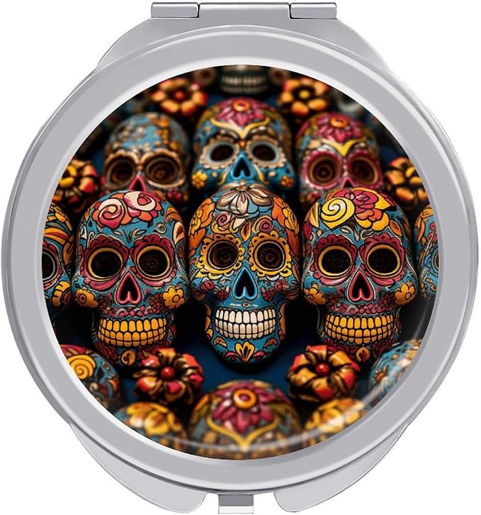 Colorful Sugar Skulls Compact Mirror Travel Mirror with 1x 2X Magnification Travel Makeup Mirror Pocket Mirror Portable Mirror Small Mirror for Purse Hand Mirror Pocket Mirror for Women - sugar skull makeup
