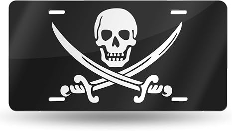Double Knife Skull Pirate Flag Black Beard Front License Plate Aluminum Decorative License Plates Funny Metal Car Plate 6″X12″ Novelty Vanity Tag Cover with 4 Holes Car Decor Accessory