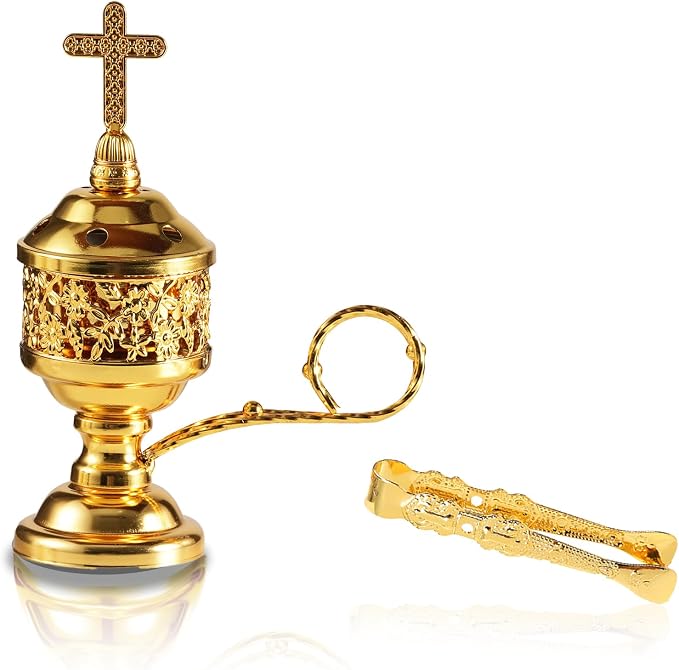 Gold Incense Burner with Tong – Frankincense Charcoal Incense Stand Aromatherapy, Yoga, Spa, Home Decor, and Church Use – Compact & Durable Bakhoor Holder - skull incense burner