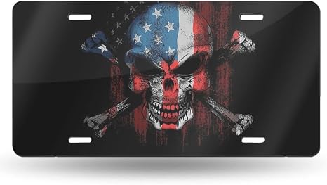 Skull American Flag Front License Plate Aluminum Decorative License Plates Funny Metal Car Plate 6"X12" Novelty Vanity Tag Cover with 4 Holes Car Decor Accessory - skull plate