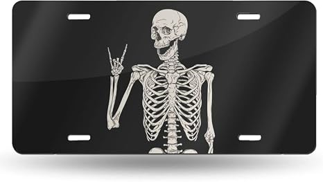 Skull Human Skeleton Posing Isolated Over Front License Plate Aluminum Decorative License Plates Funny Metal Car Plate 6″X12″ Novelty Vanity Tag Cover with 4 Holes Car Decor Accessory