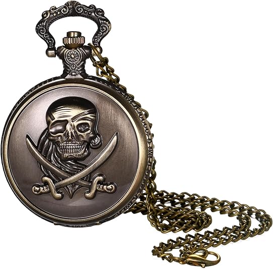 JewelryWe Vintage Quartz Pocket Watch: Men Women Analog Bronze Embossed Skull Metal Pocket Watch with Arabic Numerals Scale Clear and Easy-to-Read Pendant Watch for Him - skull watch