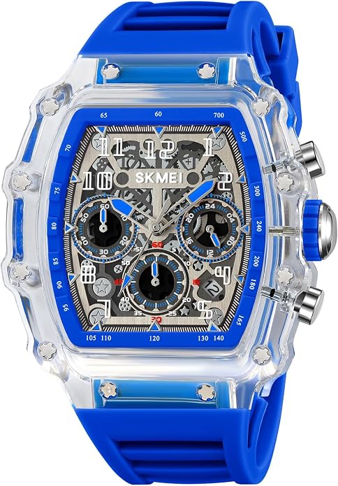 MASTOP Fashion Hollowed Men Watches Tonneau Transparent Silicone Strap Skull Big Face 50M Waterproof Chronograph Calendar Analog Display Quartz Male Wrist Watch - skull watch