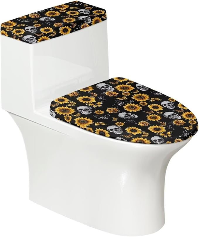 Skull Sunflowers Toilet Lid Cover Tank Lid Cover Stretchable Toilet Seat Covers for Bathroom Decorations for Home - skull toilet paper