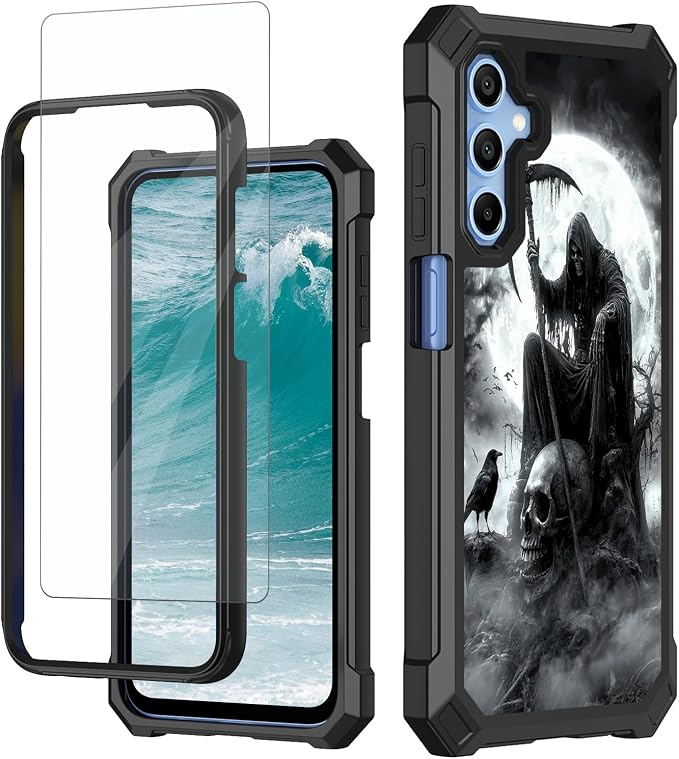 for Samsung Galaxy A16 5G Phone Case 6.7" with Tempered Glass Screen Protector Dual Layer Soft TPU Hard PC Bumper Heavy Duty Shockproof Protective Cover Case for Samsung A16 5G, Grim Skulls Reaper - Skull phone case