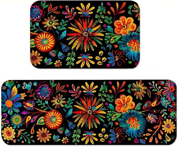 Mexican Floral Kitchen Rugs Set of 2, Black