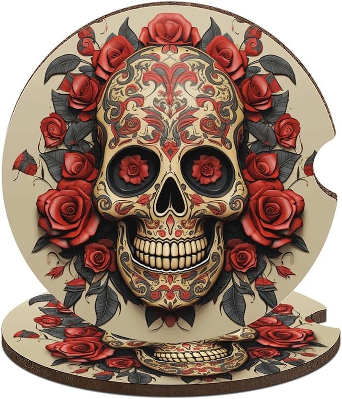 Car Coasters for Drinks Absorbent 2.56" 2 PCS Red Rose Sugar Skull Cork Base Cup Holder Coaster Cute Cup Holder Coasters with Fingertip Grip - skull coaster