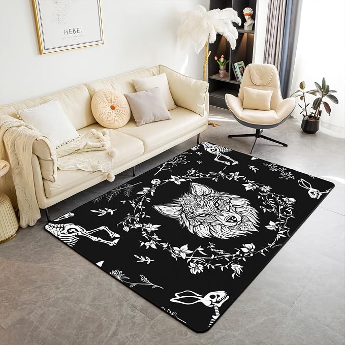 Wild Wolf Area Rug 3'x5',Gothic Moth Animals Skeleton Non Slip Carpet for Kids Girls Adults,Weed Floral Black White Decor Rug for Living Room Bedroom Playroom Backyard - skull carpet