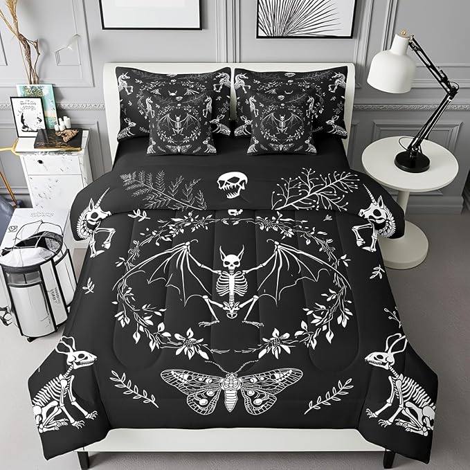 Moth Animal Comforter Set in a Bag 7 Pieces,Gothic Skull Boho Flower Bed Set Twin,Bohemian Exotic Skeleton Bedding Sets,(1 Comforter,2 Pillowcase,2 Pillow Covers,1 Flat Sheet,1 Fitted Sheet) - skull bedding
