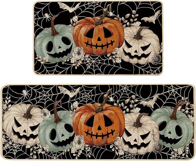 Halloween Kitchen Mats Set of 2, Spooky Pumpkins Spider Web Ghost Kitchen Mat Rug Low-Profile Non Slip Absorbent Kitchen Floor Mats for Fall Home Party Decor 17×29 and 17×47 Inch (Black)