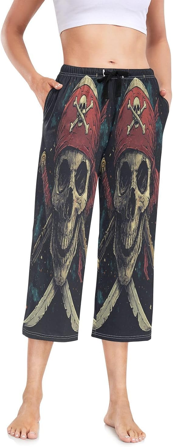 ALAZA Women's Cartoon Pirate Skull Crossed Old Pirate Swords Cropped Pajama Pants - skull pajamas