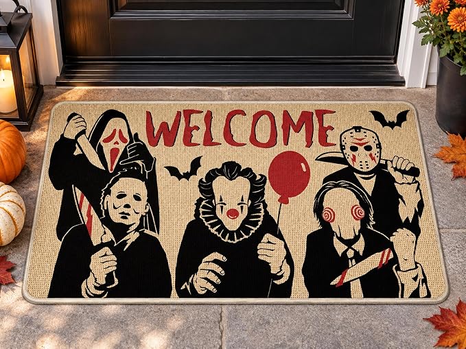Pycat Welcome Halloween Horror Movie Characters Decorative Front Door Mat - skull floor mat