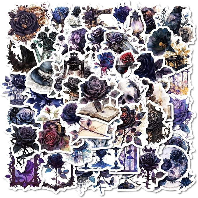 50-Piece Gothic Dark Rose Sticker – Vintage, Steampunk, Victorian-Inspired Floral Decals with Skulls, Crosses, Antique Elements for Scrapbooking, Journaling, Laptops, Water Bottles - skull sticker