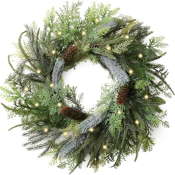 DecorbyHannah 20" Norfolk Pine Christmas Door Wreath with Lights - skull wreath