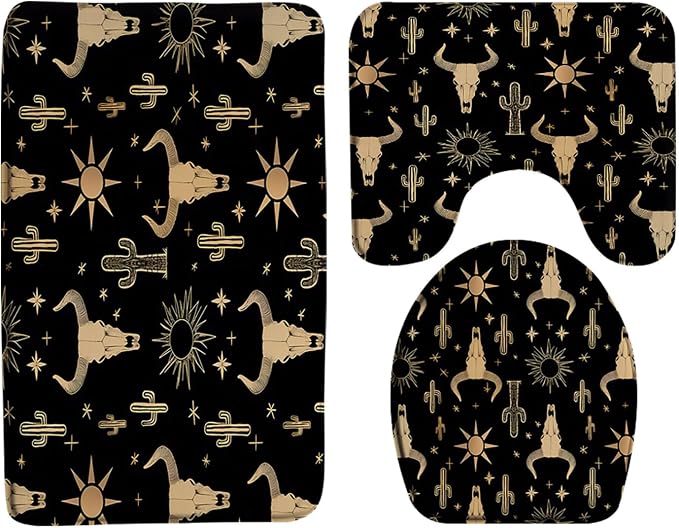 3 Piece Western Boho Bath Mat Set Black Gold Cactus Cow Bull Skull Sun Stars Vintage Farmhouse Bathroom Rug Sets,16"x24"Bath Mat,Toilet Seat Cover,U-Shaped Toilet Mat - skull toilet mat