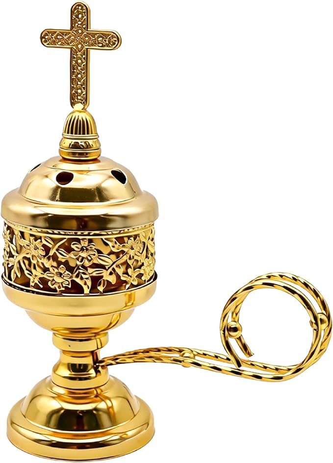 Solid Brass Color Incense Burner with Cross Lid - 6 Inch Charcoal Censer for Catholic Church, Home Altar - Thurible for Frankincense, Resin, Bakhoor - skull incense burner