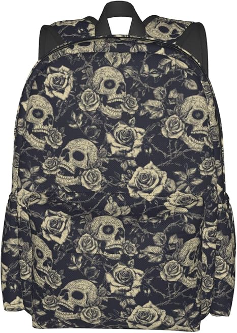 Skull Rose Goth Backpack School Bag Lightweight Bookbag Wopmen Men Laptop Travel Daypack For Kids Girls Boys Teens