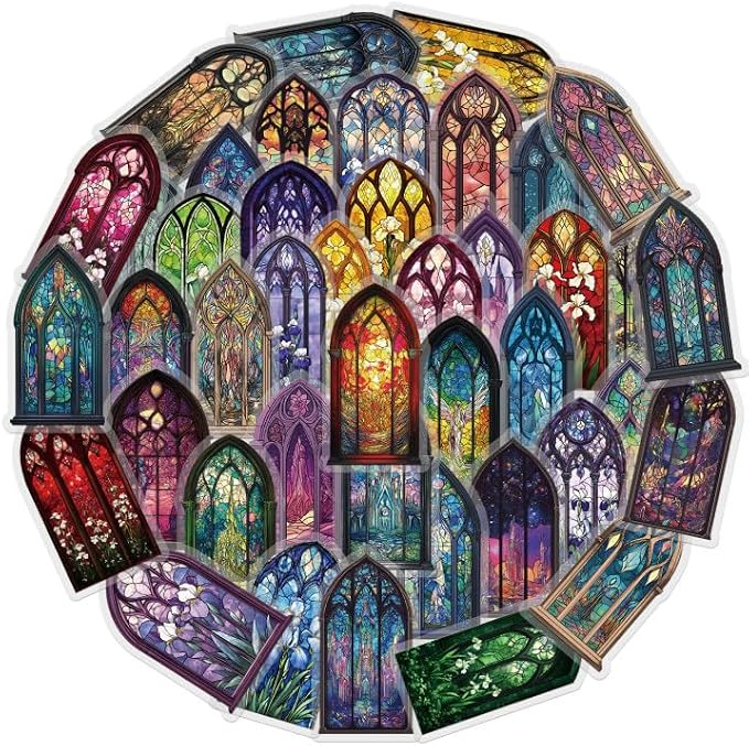 50-Piece Clear Waterproof Stained Glass Religious Art Scrapbook Stickers - Colorful Gothic Window Christian Decals for Journals, Bible Crafts, Art Projects, Religious Decorations - skull sticker