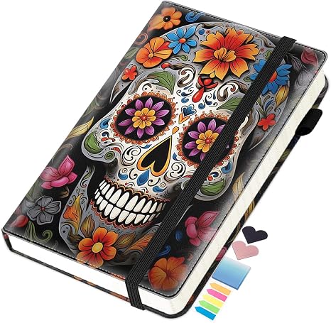 Journal Notebook, A5 Lined Notebook for Writing 200 Pages 100 GSM Thick Paper, Hardcover Leather Business Diary Notepad for Work and School College Ruled Notebook, Sugar Skull - skull sticker