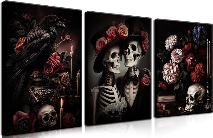 Gothic Canvas Wall Art Set of 3, Red Rose Skull Wall Decor Paintings, Dark Romantic Crow Goth Halloween Aesthetic Posters Prints for Bathroom, Living Room, Gallery, Home Decor 12x16Inch Framed