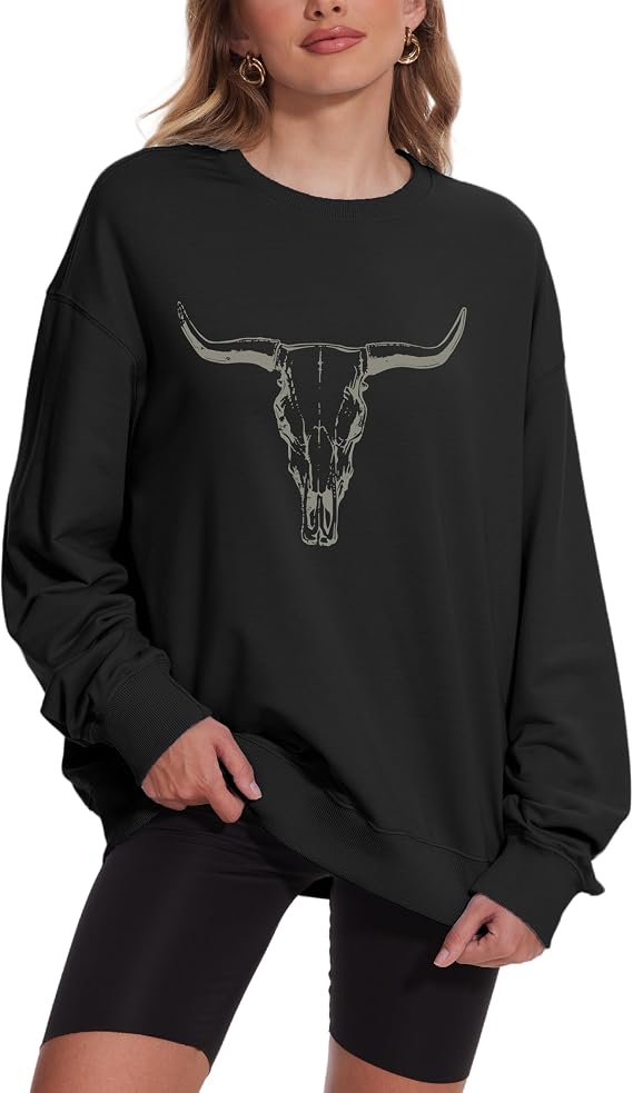 Boho Cow Skull Sweatshirt for Women Cattle Skull Graphic Pullover Oversized Western Country Music Long Sleeve Tops - skull sweatshirts
