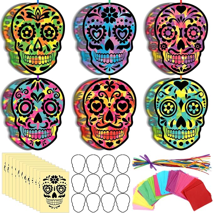 Supervitae 24 Set Sugar Skull Sun Catchers Craft Day of The Dead Craft Kits - sugar skull ornament