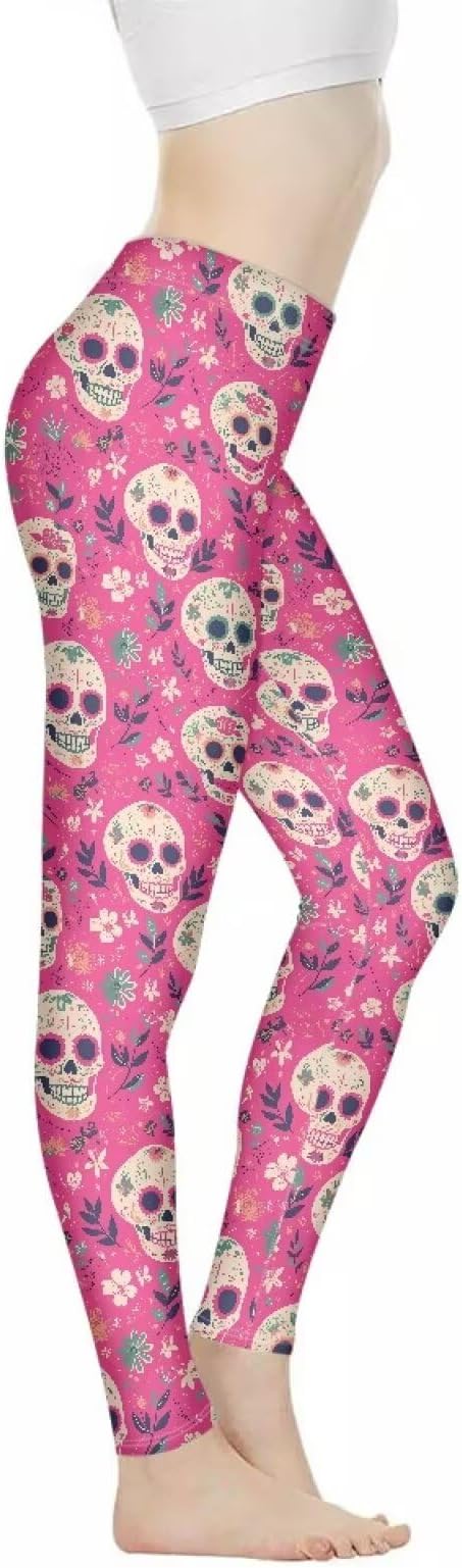 Leopard High Waisted Leggings for Women, Strawberry Tummy Control Yoga Pants Halloween Pumpkin Gym Yoga Leggings - skull leggings