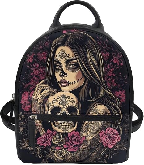 Goth Mini Backpack Purse for Women Fashion Leather Small Backpack for Travel Casual Shoulder Bag for Teen Girls Mini Purses Hiking Rucksack Witch Sugar Skull Print - sugar skull handbags for sale
