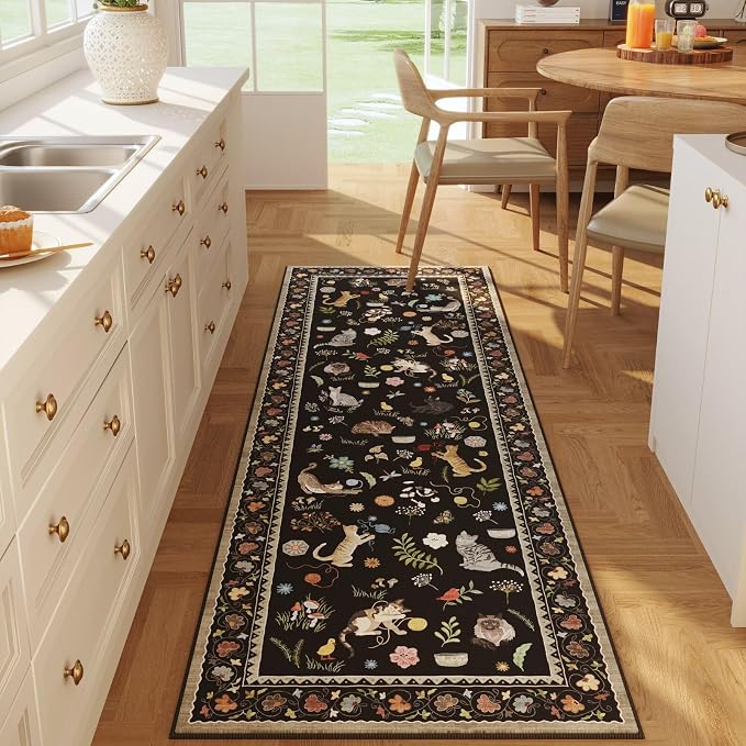 Rugcomf Runner Rug 2x6 Washable Non Slip Floral Animal Cat, Black - skull carpet
