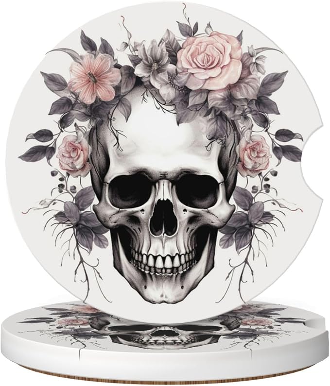 Famame 2 Pcs Vintage Skull Flowers Skeleton Ceramic Car Coasters Anti-Slip Absorbent Coaster Sets for Drinks Car Decor Auto Accessories