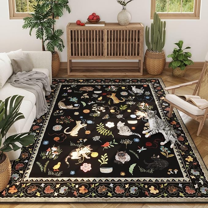 Rugcomf Area Rug 5×7 for Living Room Washable Floral Animal Cat, Black
