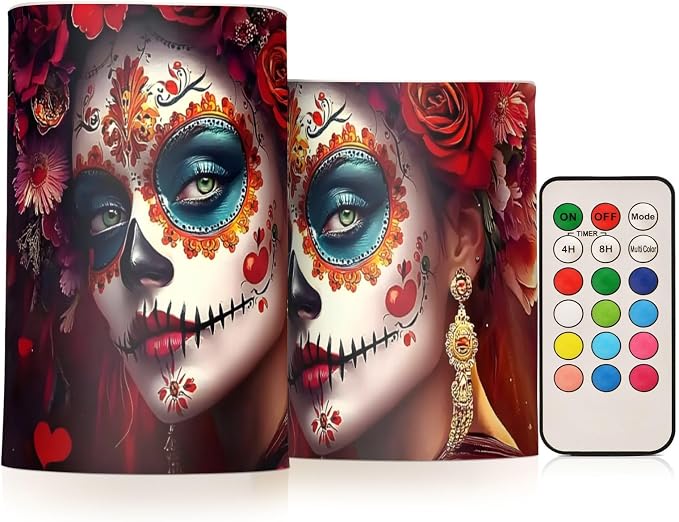 Sugar Skull Woman Flameless Candles with Remote Set of 2 - No Batteries Included, 3” Diameter Battery Candles Flickering with Timer, LED Pillar Votive Candles for Outdoor Indoor - skull candle