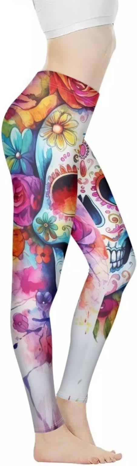 Goth Butterfly Women's High Waisted Tummy Control Leggings, Soft Cow Skin Yoga Pants Cat Workout Yoga Pants - skull leggings
