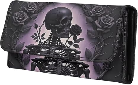 Skeleton Roses Long Wallet for Women Gothic Leather Trifold Slim Clutch Wallets with ID Window, Purple Black Billfold Purse Credit Card Holder - skull wallet