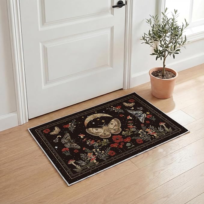 Artoid Mode Black Poppy Moth Mushroom Moon Door Mat, Fall Home Decor Low-Profile Non-Slip Washable Throw Rug for Kitchen Entryway Front Door Bedroom Bathroom Laundry Room Indoor 2x3 Feet - skull carpet